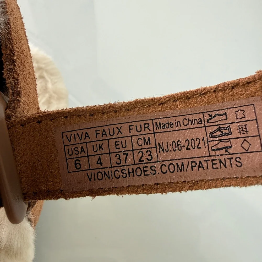Vionic Viva Sandals Womens 6 Toffee Brown Suede Faux‎ Fur Strappy Orthotic 11298